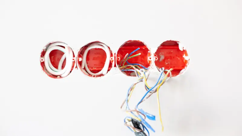 Cajas de luz embutidas en la pared con los cables listos para conectar — electricista matriculado en Presidente Perón
